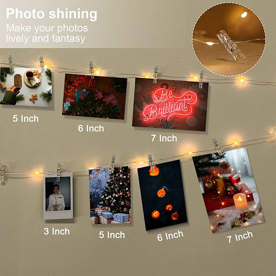 LED String Light ภาพคลิปไฟ Fairy 10M USB แบตเตอรี่ดําเนินการต้นคริสต์มาสตกแต่ง Garland งานแต่งงาน 2025 ใหม่ปีตกแต่ง