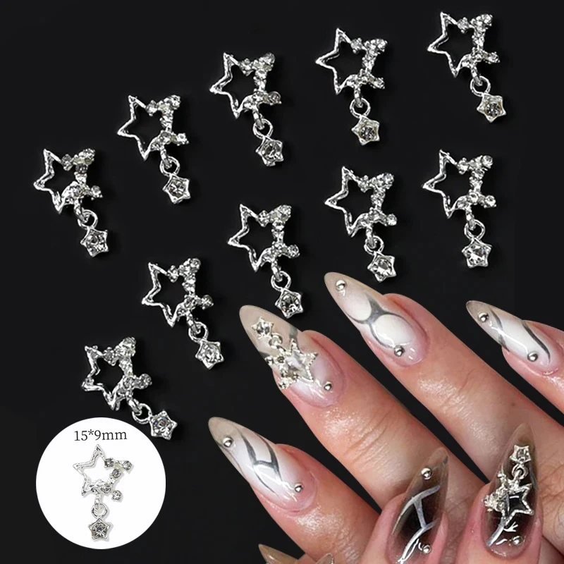10 Uds. De pentagrama plateado con forma de estrella para decoración de uñas, colgante superbrillante, decoración de uñas de lujo, suministros de purpurina para manicura