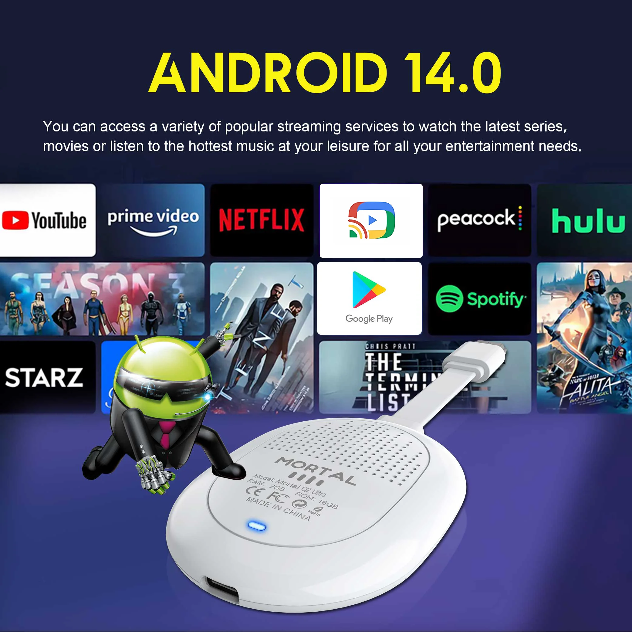 Nuovo Mortal Android 14.0 BT5.X 4k Smart TV Stick Q2 Ultra Allwinner H313 2 GB di RAM 16 GB di ROM Q2 Ultra TV Stick Dual Wifi 6 TV Dongle