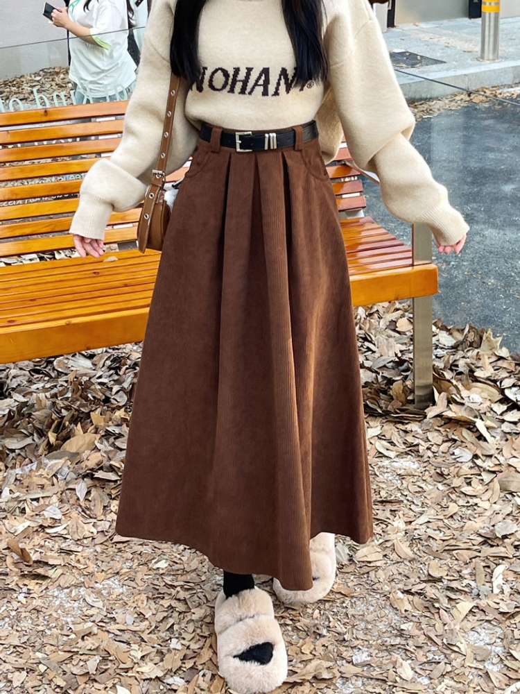 Qiukichonson saias longas femininas saia de veludo 2023 outono inverno coreano vintage cintura alta plissado saias plissadas com cinto