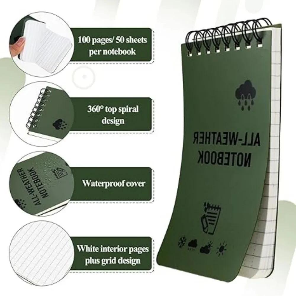 Bloco de notas tático para todos os climas, caderno de bolso à prova d'água com páginas forradas, mini bloco de notas em espiral