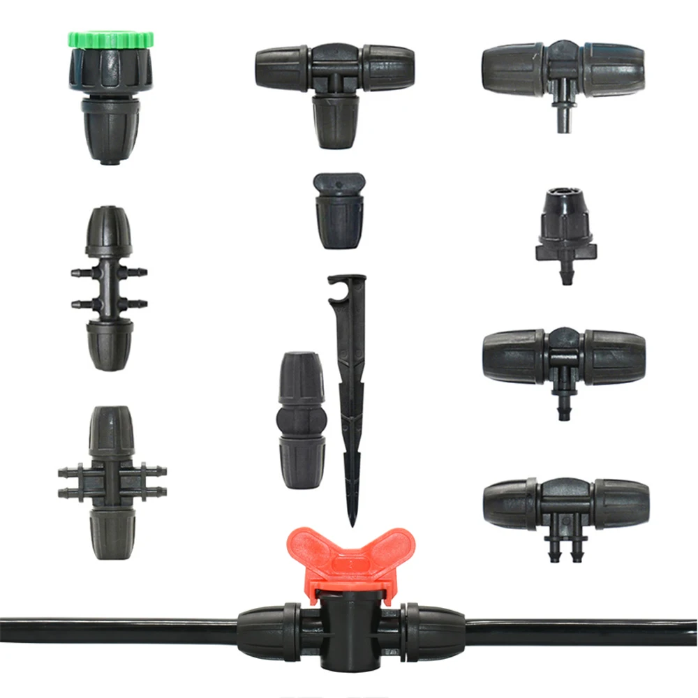 Garden 3/8 x 1/4inch Hose Barb Connector Lock nut Reducer Water splitter Tee Elbow End Plug Drip Irrigation System Fitting