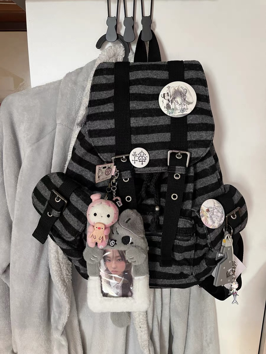 Korean Sle Retro Striped Large Capaci Double Shoulder Bag Casual Student Backpack for Class And Leisure Unisex Nylon Bag