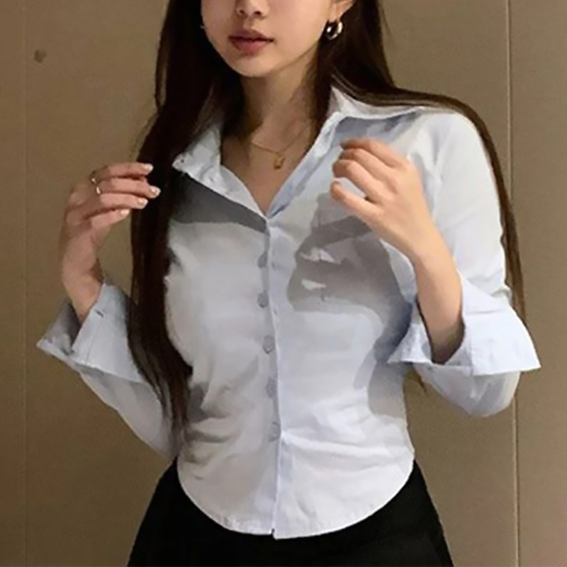 Koreaanse Witte Kantoor Vrouwen Chiffon Shirt Zak Knop Revers Dames Blouse Lente Commuter Lange Mouw Nieuwe Vrouwelijke Crop Tops