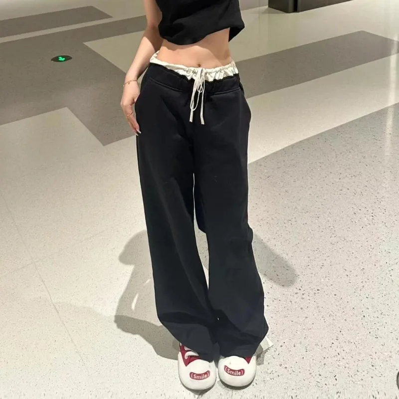 Deeptown Schwarz Spitze Frauen Casual Hosen Hohe Taille Baggy Jogginghose Koreanische Mode Harajuku Autunm Übergroßen Hosen Vintage