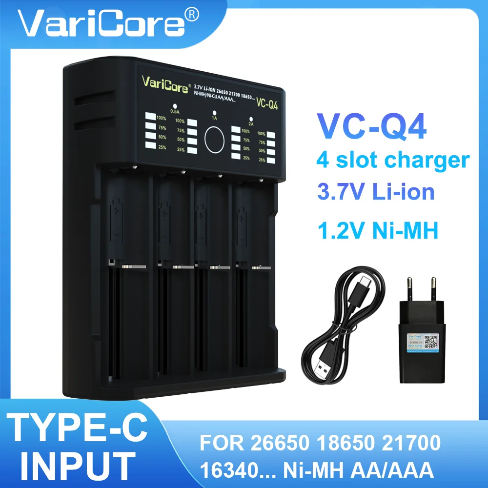 VariCore VCQ4 4-slot Intelligent Battery Charger Portable for 3.7V Lithium 18650 26650 21700 18500 18350 1.2V NI-MH Ni-Cd AA AAA