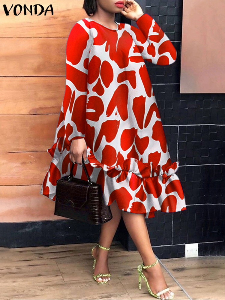Vonda-女性のためのエレガントなミドル丈ドレス,ボヘミアンプリントのサンドレス,長袖,カジュアルでゆったりとしたドレス,大きいサイズ,5xl,秋,2024