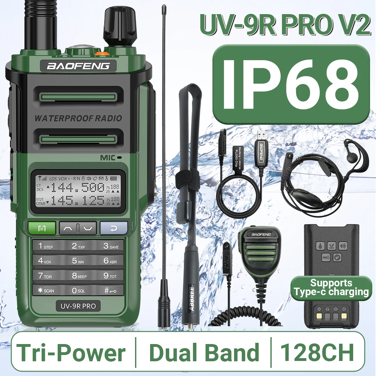 Baofeng UV-9R Pro V2 Walkie Talkie Wasserdicht IP68 Typ-C Ladegerät VHF/UHF Amateurfunk 50 km Long Range Upgrade UV-9R Plus