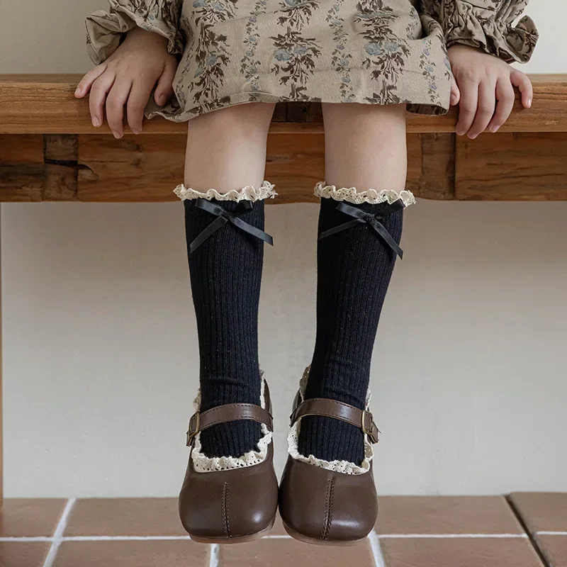 Calcetín de princesa para niños pequeños, calcetín Retro de encaje con volantes y lazo hasta la pantorrilla para niños, calcetín escolar de algodón suave para primavera y otoño