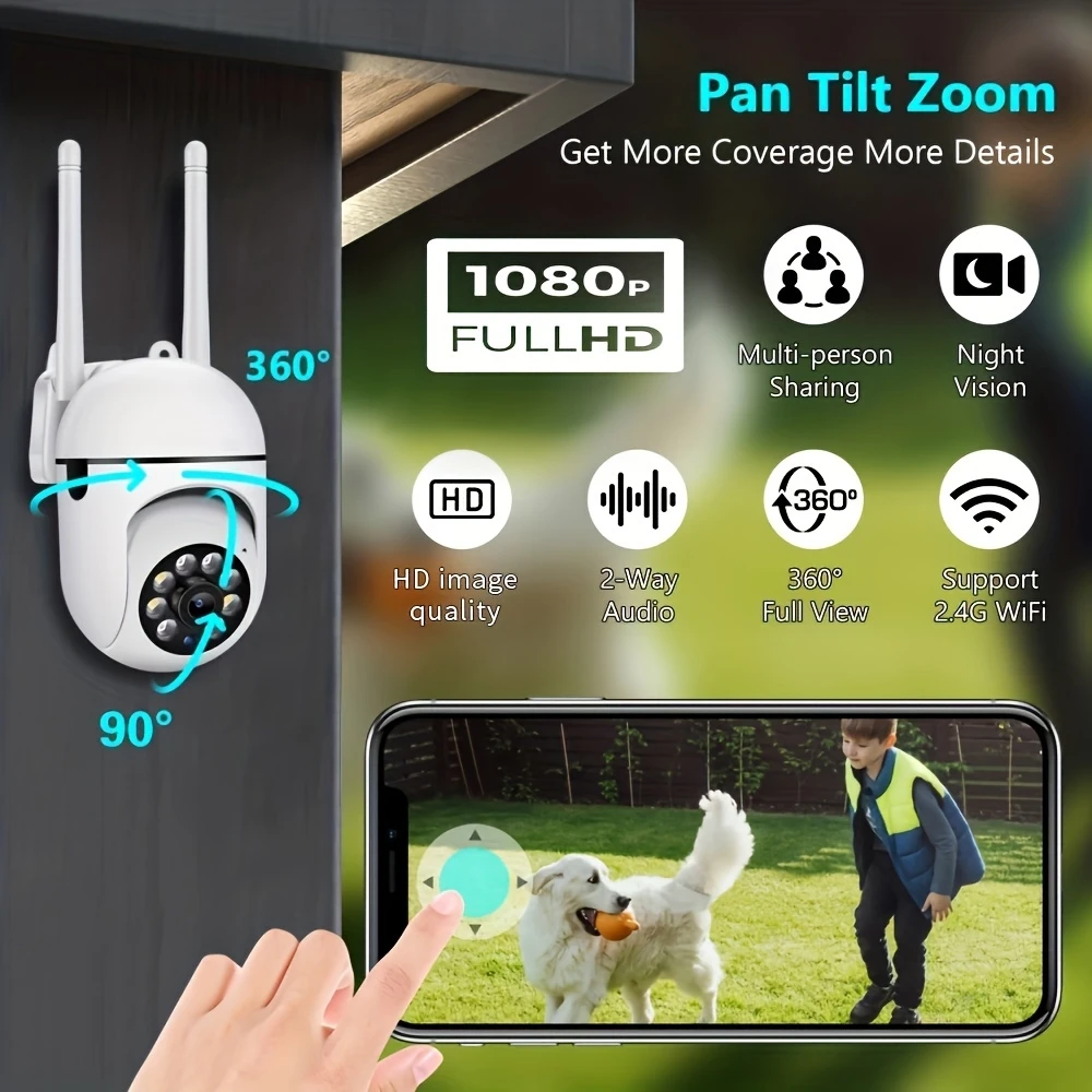 Ease Life APP Telecamera di sicurezza WiFi wireless 1080P HD per interni/esterni, visione notturna a colori, audio bidirezionale, 360 °   Nero Y108