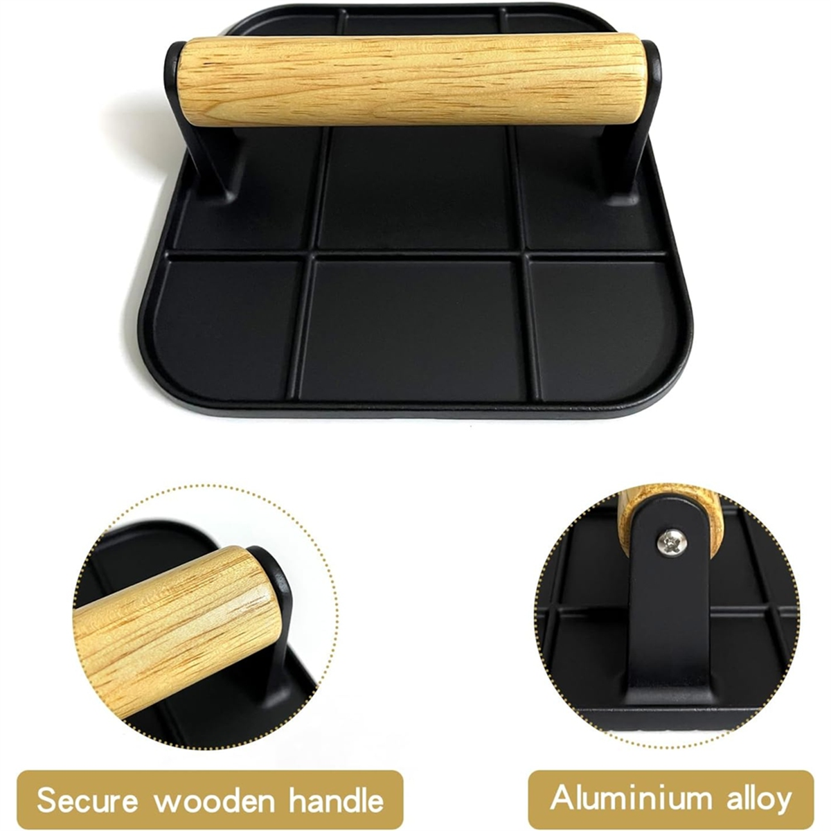 A72P Meat Press with Wooden Handle 6in Square Burger Press Aluminum Hamburger Smasher Tool Use for Grill and Griddle Cooking