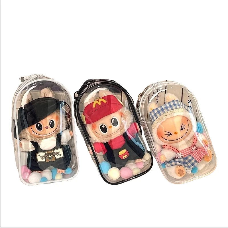 Für 17 cm Labubu Lagerung Tasche Plüsch Puppe Tasche Rutschige Baby Tasche Schutzhülle PVC Transparent Cutes Staubdicht Rucksack Anhänger