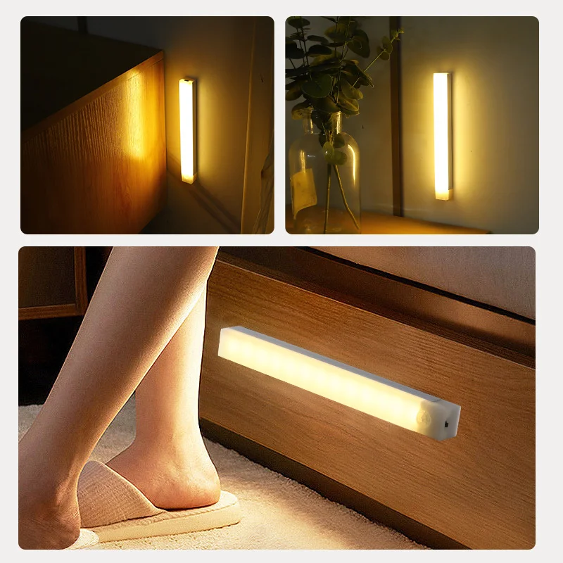 ไฟตู้แม่เหล็กไฟฟ้าไร้สายแบบเหนี่ยวนำแถบไฟ LED สำหรับข้างเตียงในห้องครัวแบบชาร์จไฟได้เซ็นเซอร์ตรวจจับการเคลื่อนไหว