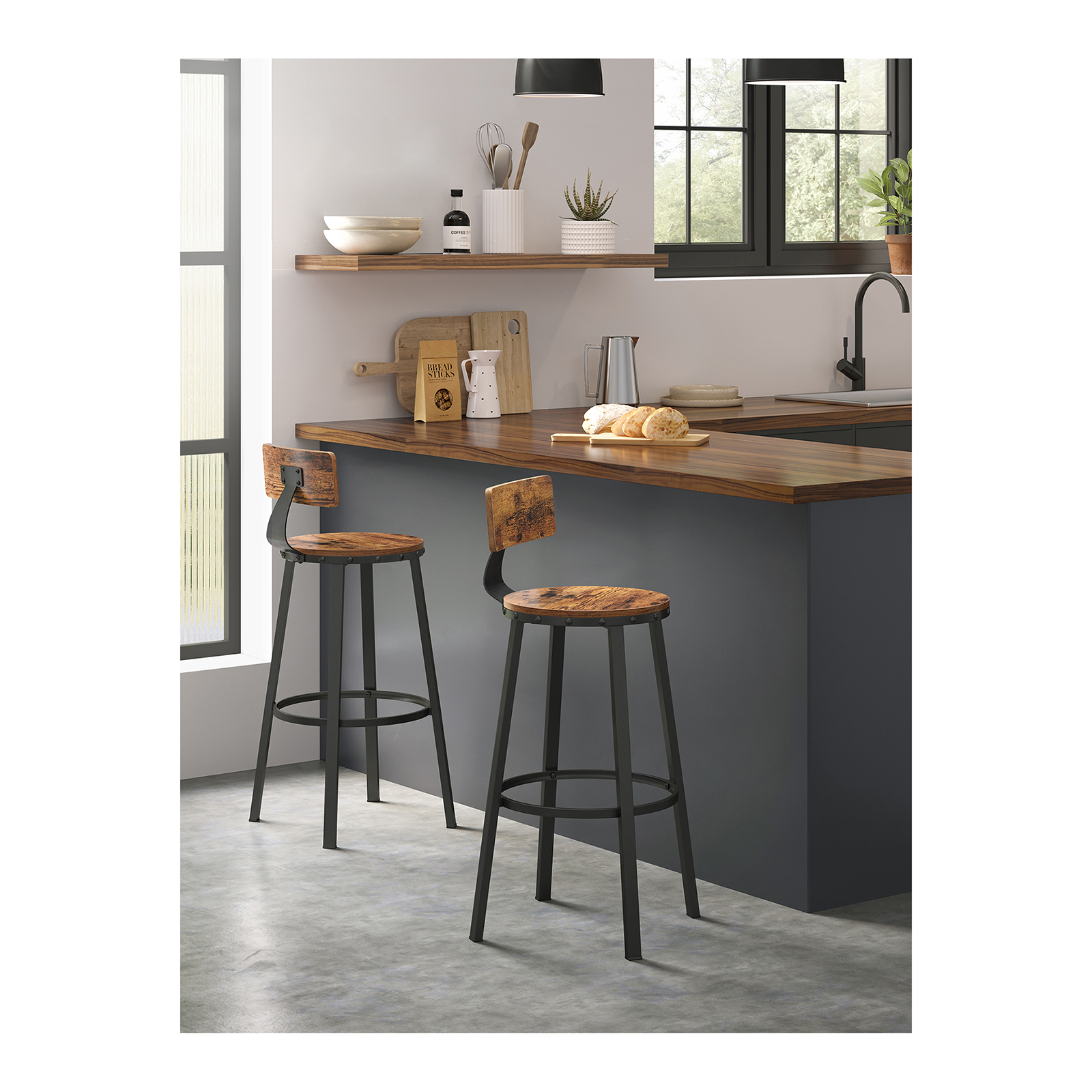 VASAGLE Taburetes de Bar, taburetes de Cocina, Juego de 2 taburetes Altos con Respaldo, Marco de Acero, Asiento de 73 cm de Alto, fácil Montaje, Industrial, Gris y Negro