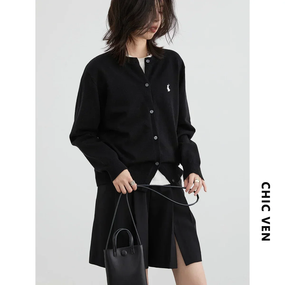 CHIC VEN Women T-Shirts New Multi Color Option Simple Solid Rabbit Embroidery Knitted Cardigan Sweater Autumn Spring 2024
