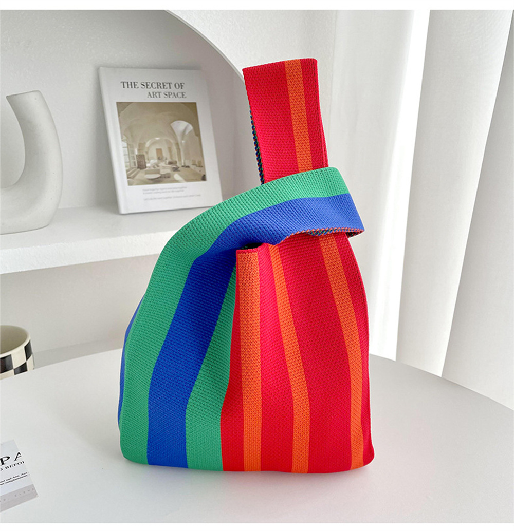 Bolso de mano japonés a rayas finas a cuadros para mujer, Mini bolso de muñeca con nudo, bolso de punto hecho a mano de Color informal, bolso de compras reutilizable, monedero para llaves