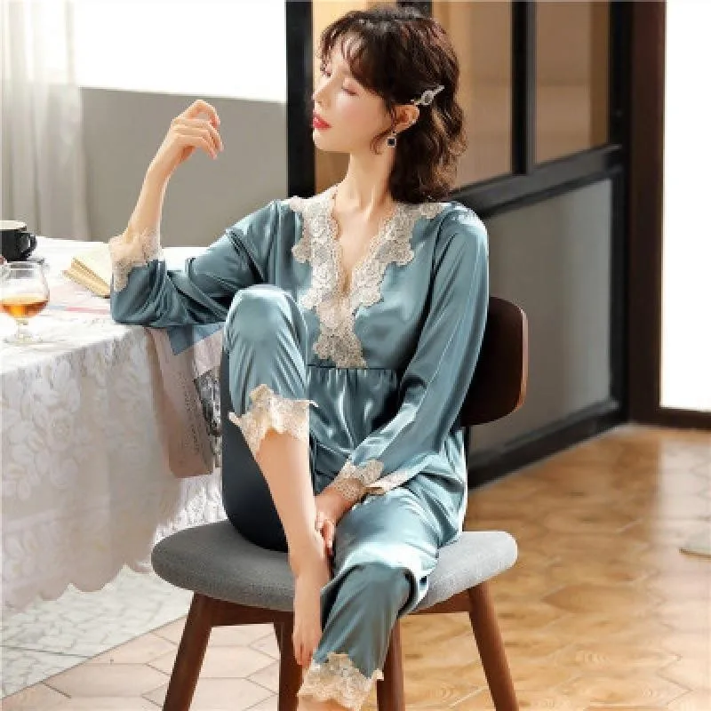 Mädchen-Pyjama aus Kunst-Eisseide, langärmliges Damen-Pyjama aus grüner Spitze mit Premium-Feeling, zweiteiliges Set süßer Loungewear, liebeblauer Stoff