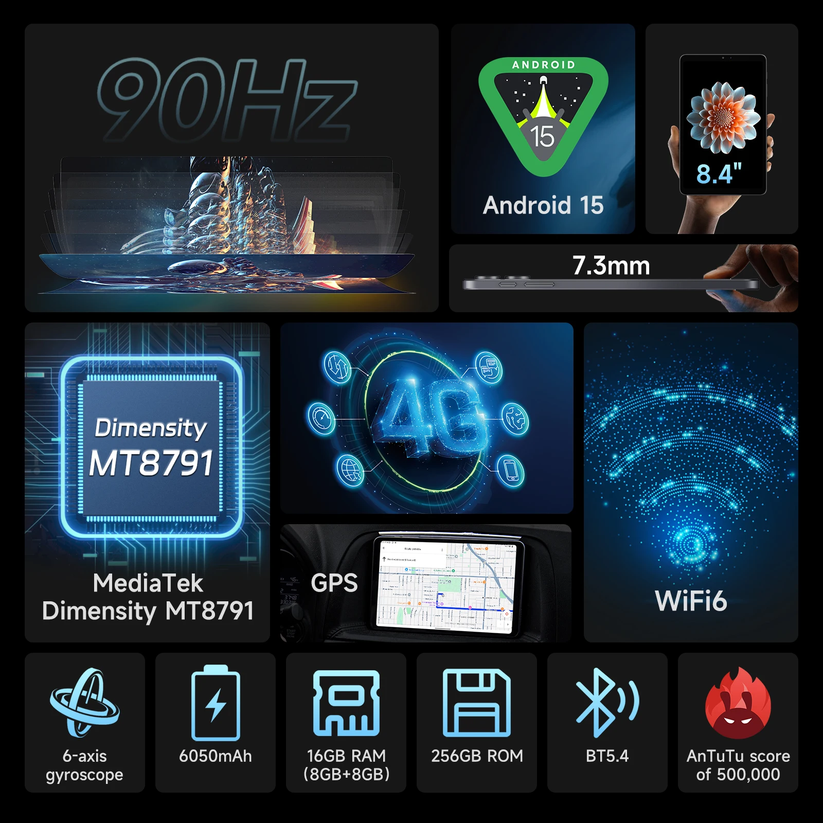 ALLDOCUBE iPlay70 mini Pro Tablet 8.4" 90Hz Display MT8791 16GB（8GB+8GB Virtual）RAM 256GB ROM 6050mAh Android15 LTE Tablet