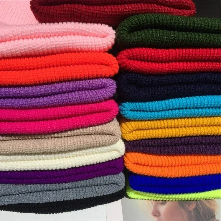 Gorro de punto de lana cálido de Color sólido para hombre y mujer, gorro con puños fluorescentes, gorros para mujer, gorro cálido informal