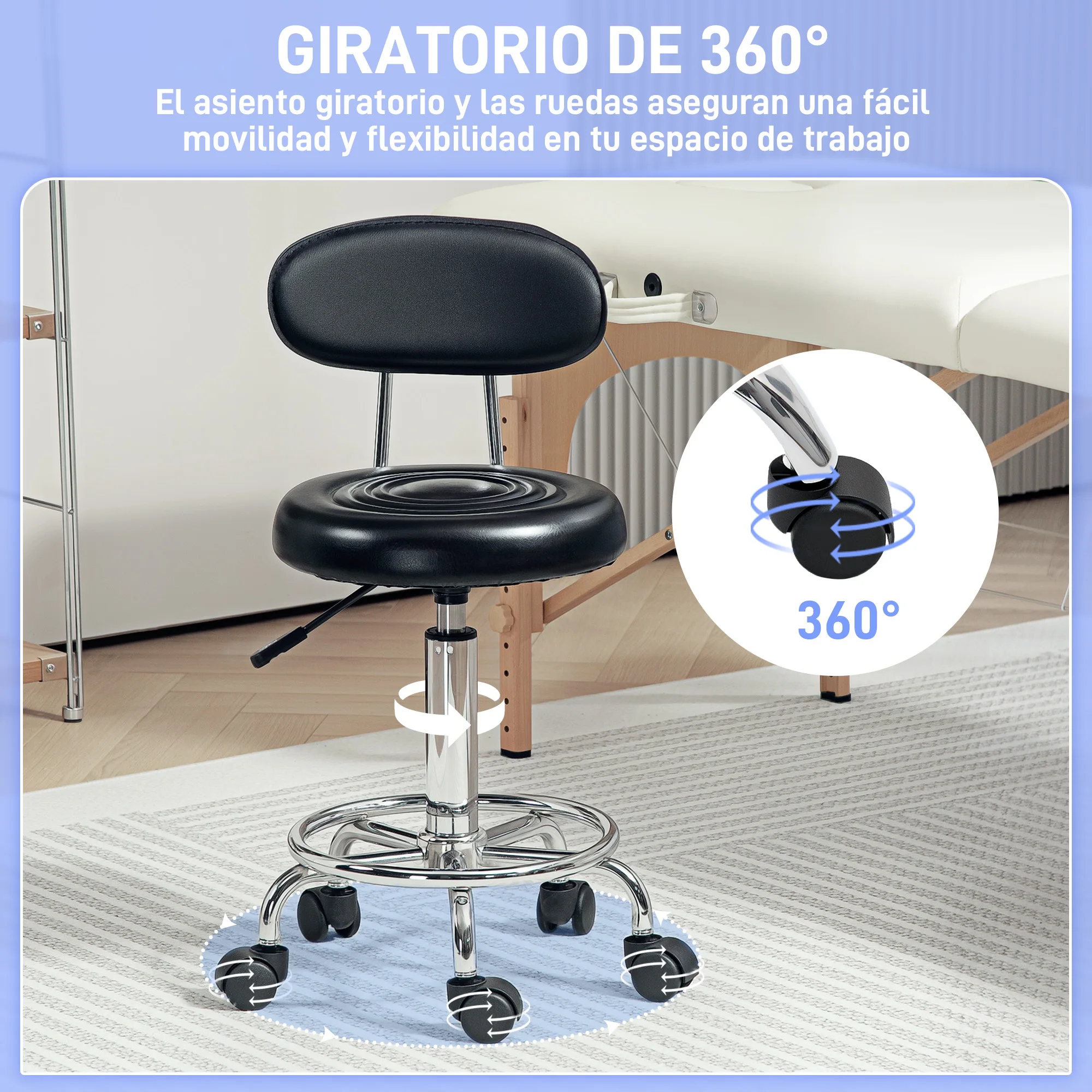 Sgabello con ruote e schienale regolabile in altezza 70-86 cm Nero