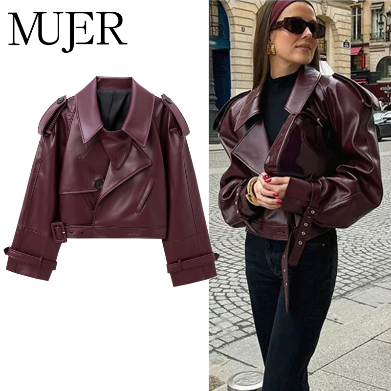MUJER Kunstleder Bomberjacken für Damen Mode abgeschnittene Jacke Damen Streetwear Outer Langarm Jacke Damen Mäntel