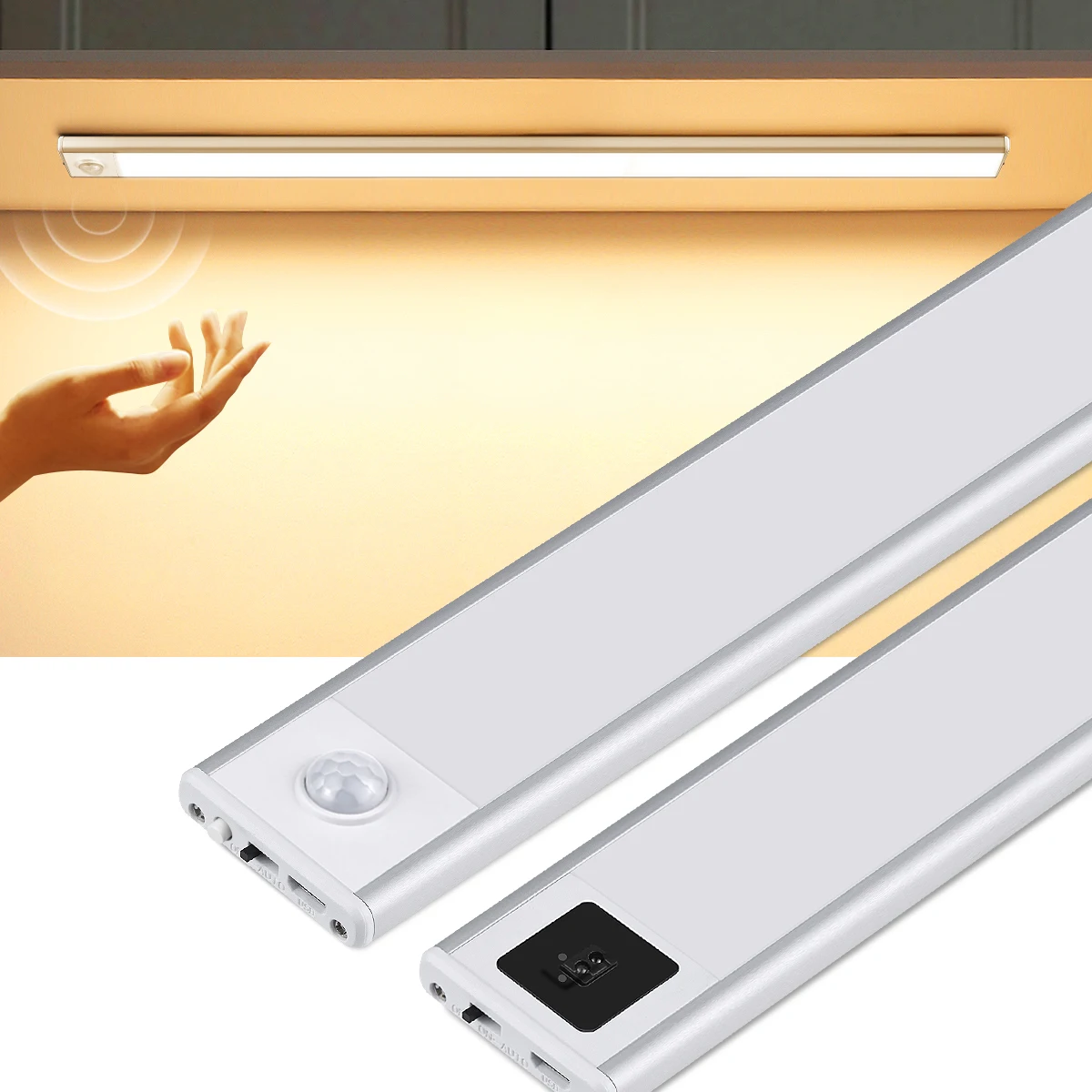 Luz LED USB ultrafina para armario, barrido manual/Sensor de movimiento PIR, lámpara LED de aluminio recargable para cocina, iluminación nocturna portátil