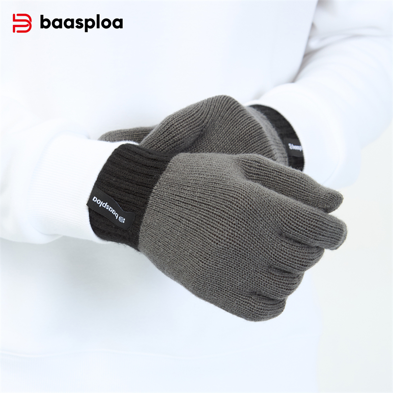 Baasploa New Men Knitted Gloves Autumn Fashion Solid Thicken Warm Full Fingered Gloves Female Casual Winter Stretch Plush Gloves