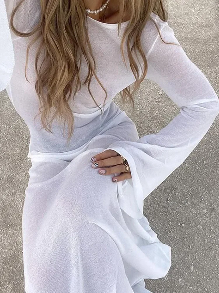 Vestido largo transparente con espalda descubierta para mujer, ropa de verano ajustada de cintura alta, empalmada, manga larga, Color sólido, Playa