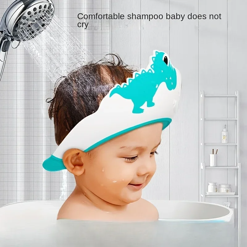 Bebê de borracha macia à prova dwaterproof água shampoo boné crianças shampoo artefato bebê shampoo boné protetores de ouvido ajustáveis padrão dinossauro