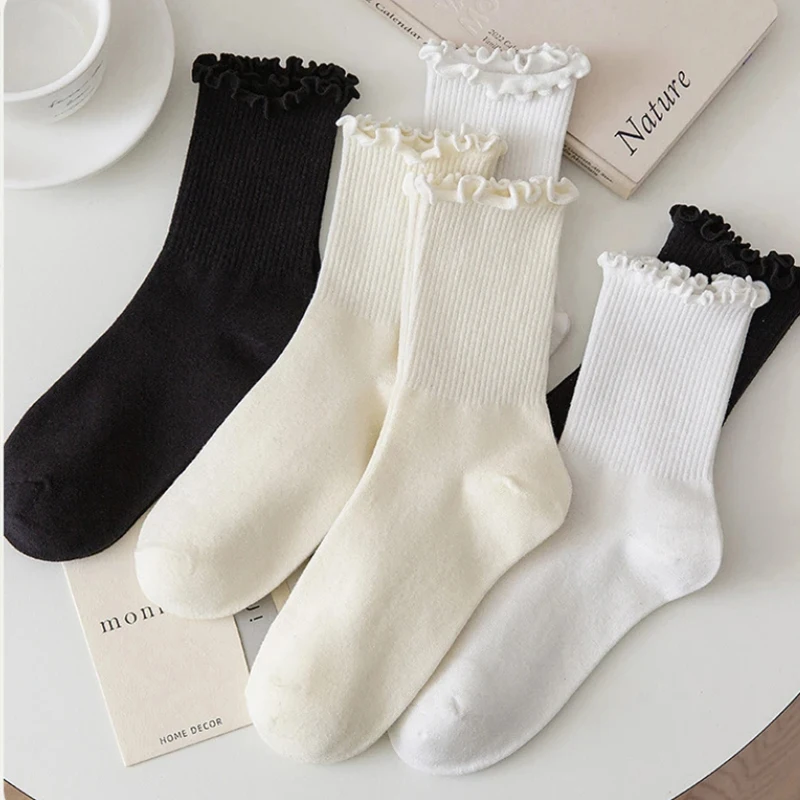 5 par/lote calcetines para mujer volantes algodón tubo medio tobillo corto transpirable negro blanco conjunto primavera otoño