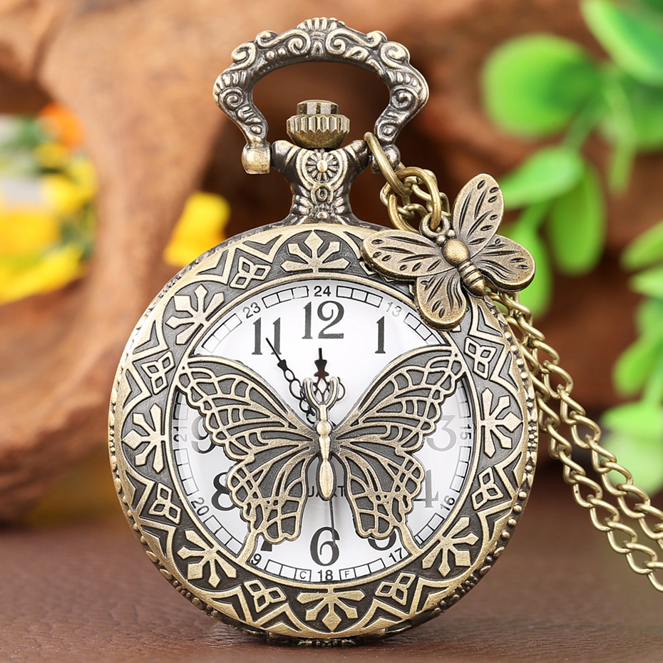 Collar de estilo Retro con mariposa y flor de bronce, cadena para reloj de bolsillo, colgante Steampunk, reloj Fob de cuarzo con accesorio 2020