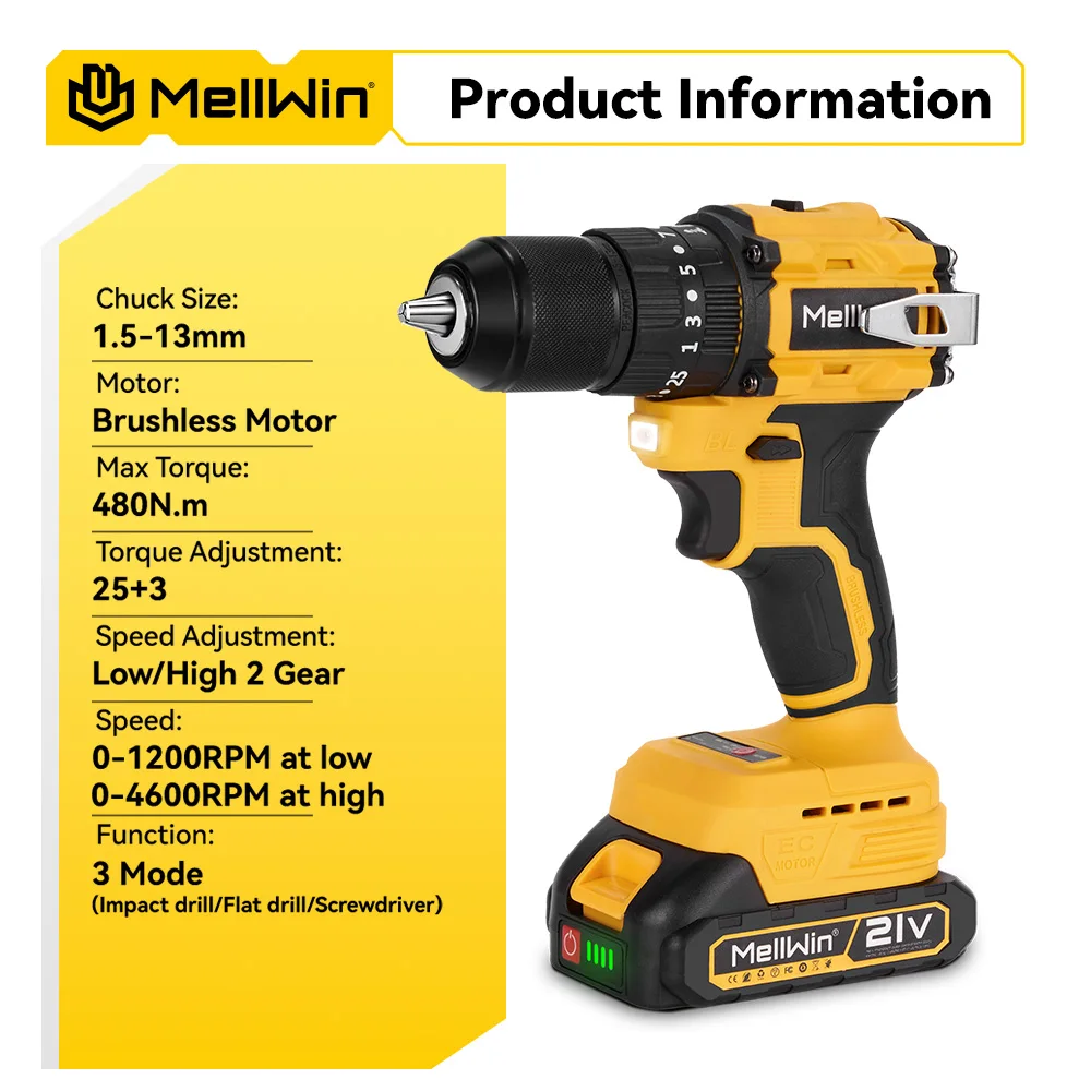 MELLWIN 25+3 Torque Brushless Electric Impact Drill Cordless Multipurpose Screwdriver Power Tool For Makita 18V Battery Pin