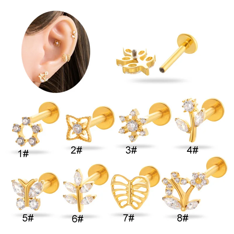 1 Buah Perhiasan Tindik Labret Titanium G23 Ulir Dalam, Stud Telinga Berhiaskan CZ Bentuk Bunga Kupu-kupu, Helix Tragus Stud Flatback, Perhiasan Tindik Bibir