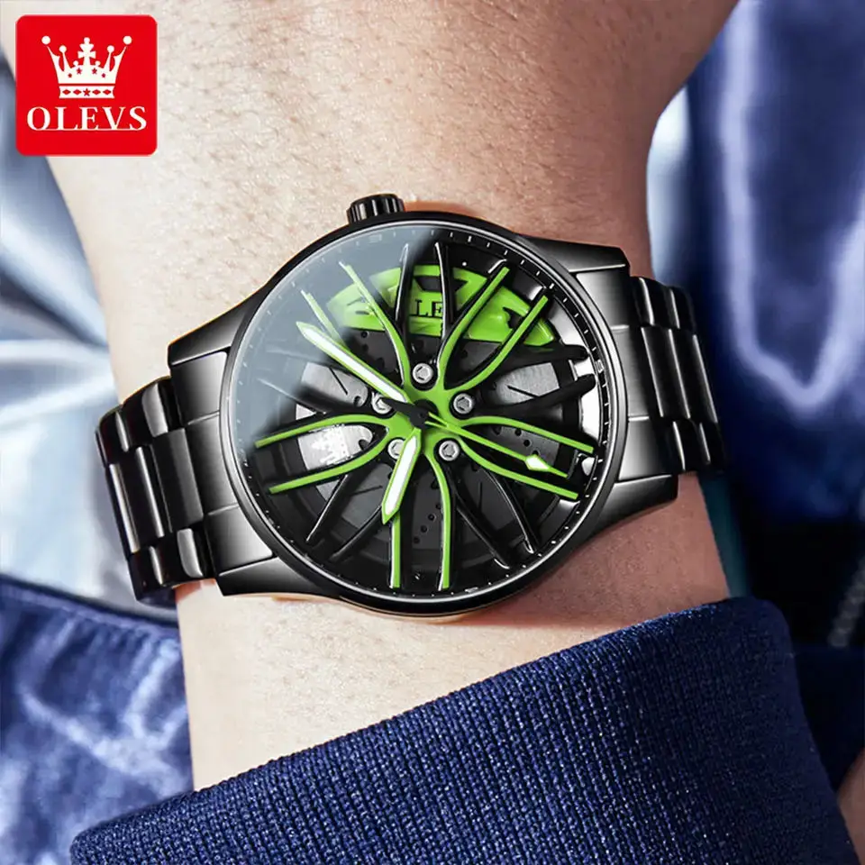 OLEVS Reloj para Hombre 360 °   Reloj de pulsera de cuarzo para hombre, esfera giratoria, llanta de coche deportivo, cubo de rueda, resistente al agua, luminoso, de acero inoxidable