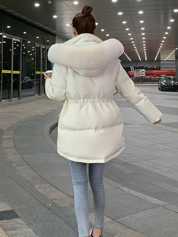 Hiver mince rose rembourré manteau fausse fourrure col à capuche Parkas coréen grande taille coton Jaqueta taille cordon Midi longueur vestes
