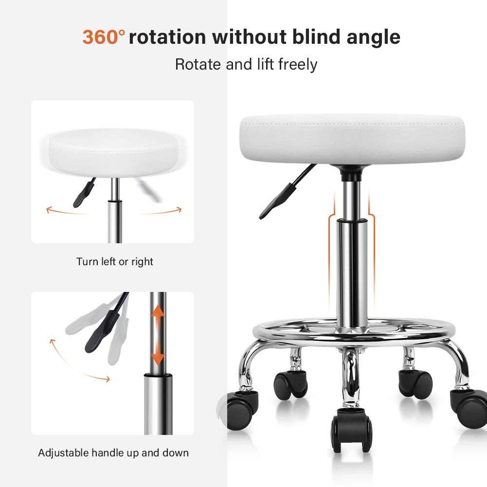 KKTONER PU Leather Round Rolling Stool with Foot Rest Swivel Height Adjustment Salon Spa Stool Chair