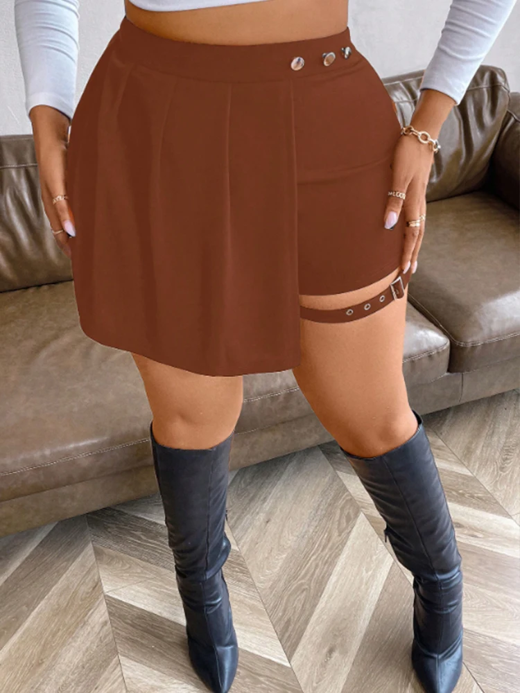 Plus Size Damen-Rock mit hoher Taille und Faltenknöpfen, asymmetrischer Rock, Shorts, Bandage, würziger Stil, beste Wahl im Sommer
