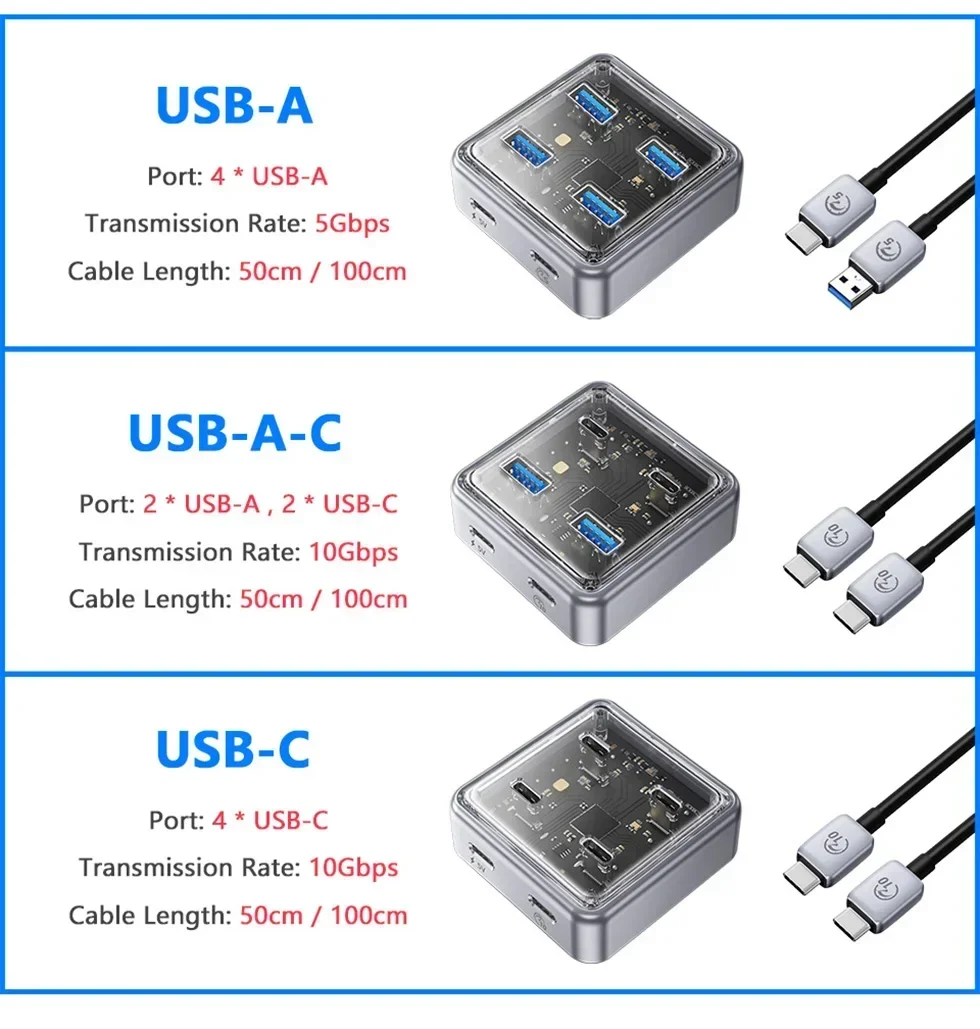 ORICO несколько портов USB A Type C, разветвитель-концентратор, 4 слота USB 3,1, 10 Гбит/с, док-станция, адаптер с несколькими портами USB3.0 для ноутбуков
