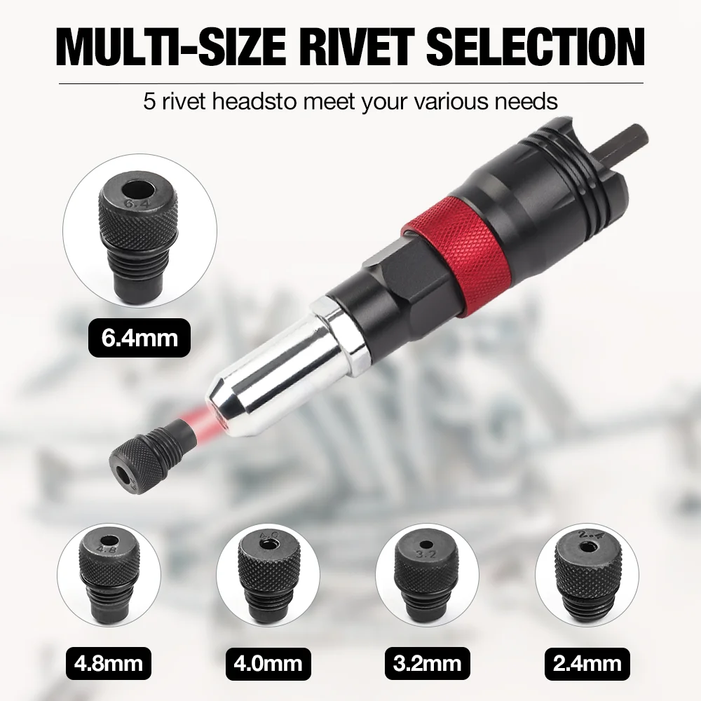 Adaptador de pistola de rebite elétrica de 2,4 / 3,2 / 4,0 / 4,8 / 6,4 mm Kit de rebitagem sem fio Arma de rebite automática com chave e alça adequada para ferramentas de rebitagem sem fio com furadeira elétrica