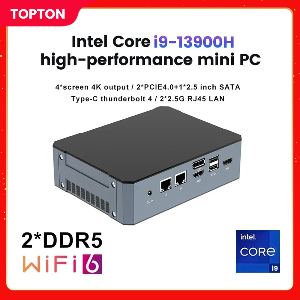 Topton Nowy Gaming Mini PC 13. generacji i9 13900H i7 13700H Komputer stacjonarny 2*DDR5 2*PCIE4.0 Obsługa 4K cztery wyświetlacze dla domu/biura