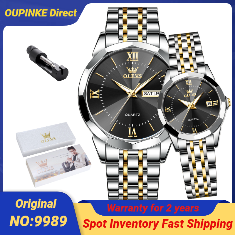 OLEVS-par de relojes de pareja para hombres y mujeres, reloj de pulsera de acero inoxidable con calendario, moda clásica, conjunto de regalo