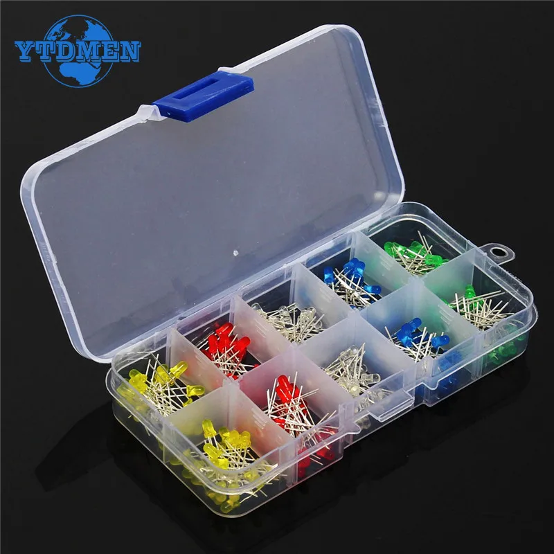 Kit surtido de luces LED de diodo para Arduino, conjunto de diodos F3 de 3mm, colores rojo, verde, azul, amarillo y blanco, 200 unids/lote por caja
