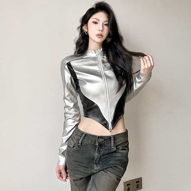 WEEKEEP Street Sle Motorcycle Windbreaker Women's Leather Jacket Zipper Open Cardigan Asymmetrical Hem Color Block Dance Cool