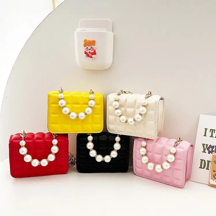 Bolso de mano de perlas de princesa para niñas, bolso de hombro cuadrado pequeño a cuadros de Pu, bolsos cruzados con cadena, monedero con solapa para niños
