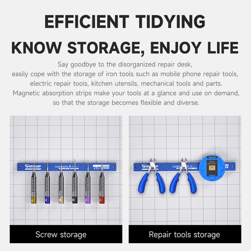 機械式磁気収納ストリップ、強力な二重磁気力、安定して電気修理に安全、鉄工具収納、mag25