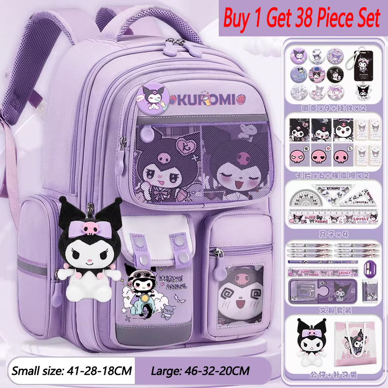SANRIO Kuromi กระเป๋านักเรียนหญิง, 2024ใหม่กระเป๋าสะพายหลังน้ำหนักเบาป้องกันกระดูกสันหลังสำหรับเกรด1-6