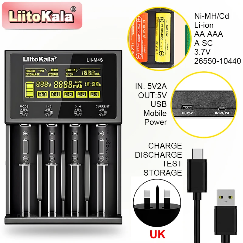 LiitoKala Lii-M4 M4S 18650 pantalla LCD capacidad de prueba de cargador inteligente adecuado para 3,7 V 26650 18350 21700 18500 1,2 V AA AAA 4 ranuras