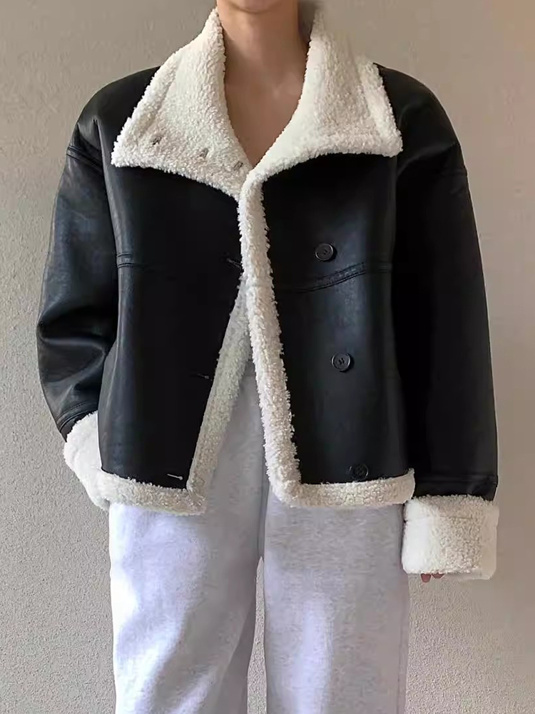 シックな冬ヴィンテージスタイリッシュなラペルルーズスプライシングPUレザーファー長袖レディースジャケットファッショナブルなオールマッチアウター