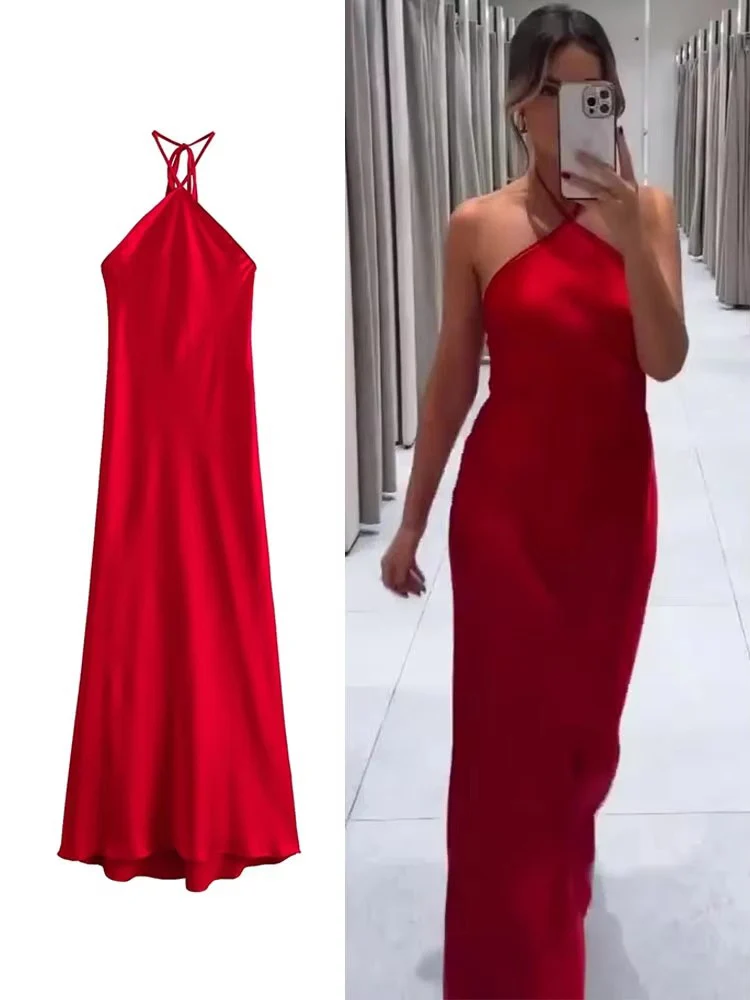 2024 halter vestidos longos para mulheres sem costas vestido de cetim mulher fora do ombro sexy midi vestidos elegante vestido de festa à noite