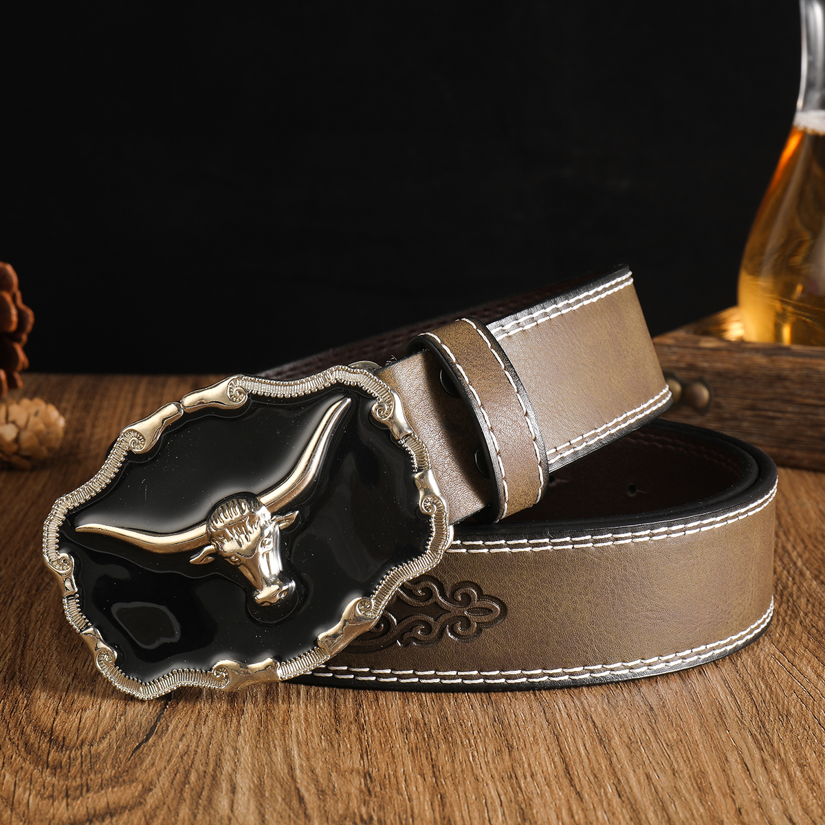 Cinturón de cabeza de toro grande para hombre y mujer, cabeza de toro occidental, estilo vaquero, hebilla lisa, 3,7 cm de ancho